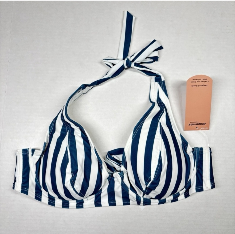 NWT Shapermint Full Coverage Halter Bikini Top Blue Stripe Medium Retro Sexy